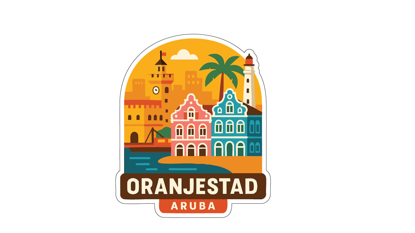 The image is a sticker or emblem featuring the city of Oranjestad, Aruba. It includes a variety of colorful buildings, a lighthouse, and a palm tree, all set against a bright orange background.