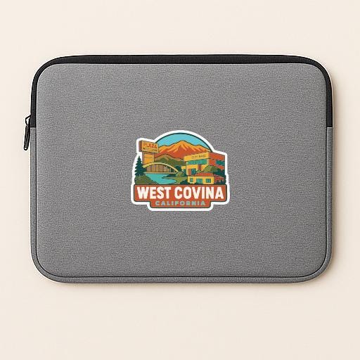 A gray laptop sleeve with a sticker depicting a scenic landscape and the text "West Covina, California".