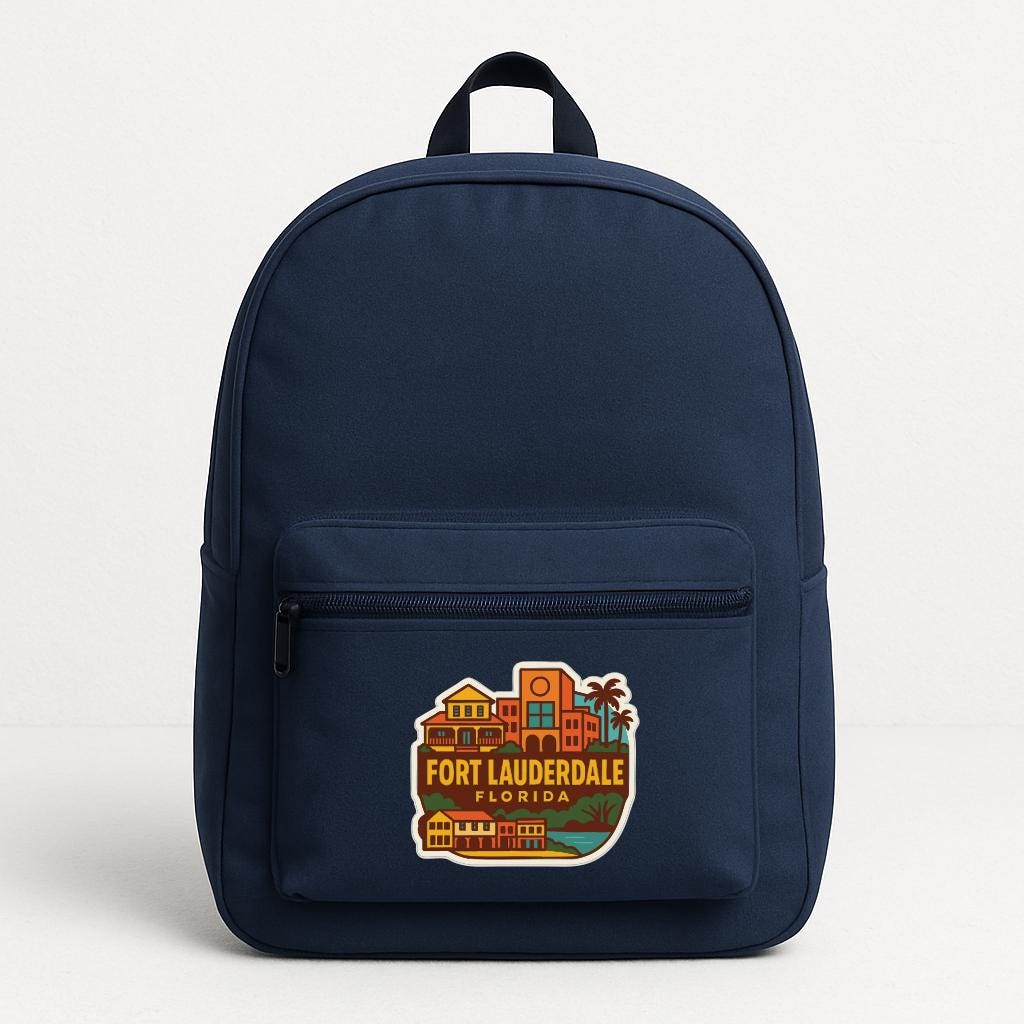 A navy blue backpack with a graphic of Fort Lauderdale, Florida on the front.