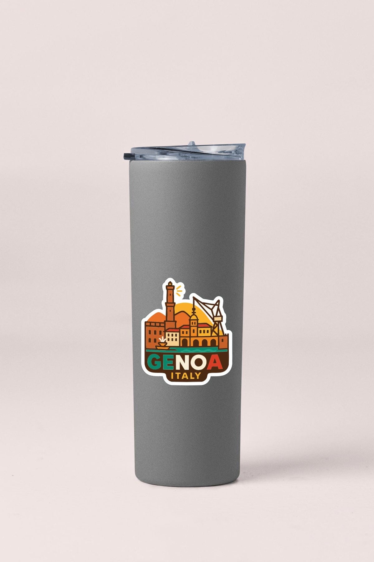 A gray insulated tumbler with a sticker depicting the Genoa, Italy skyline.
