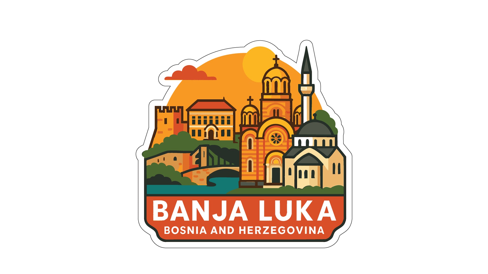 a sticker or logo depicting the cityscape of Banja Luka, Bosnia and Herzegovina.