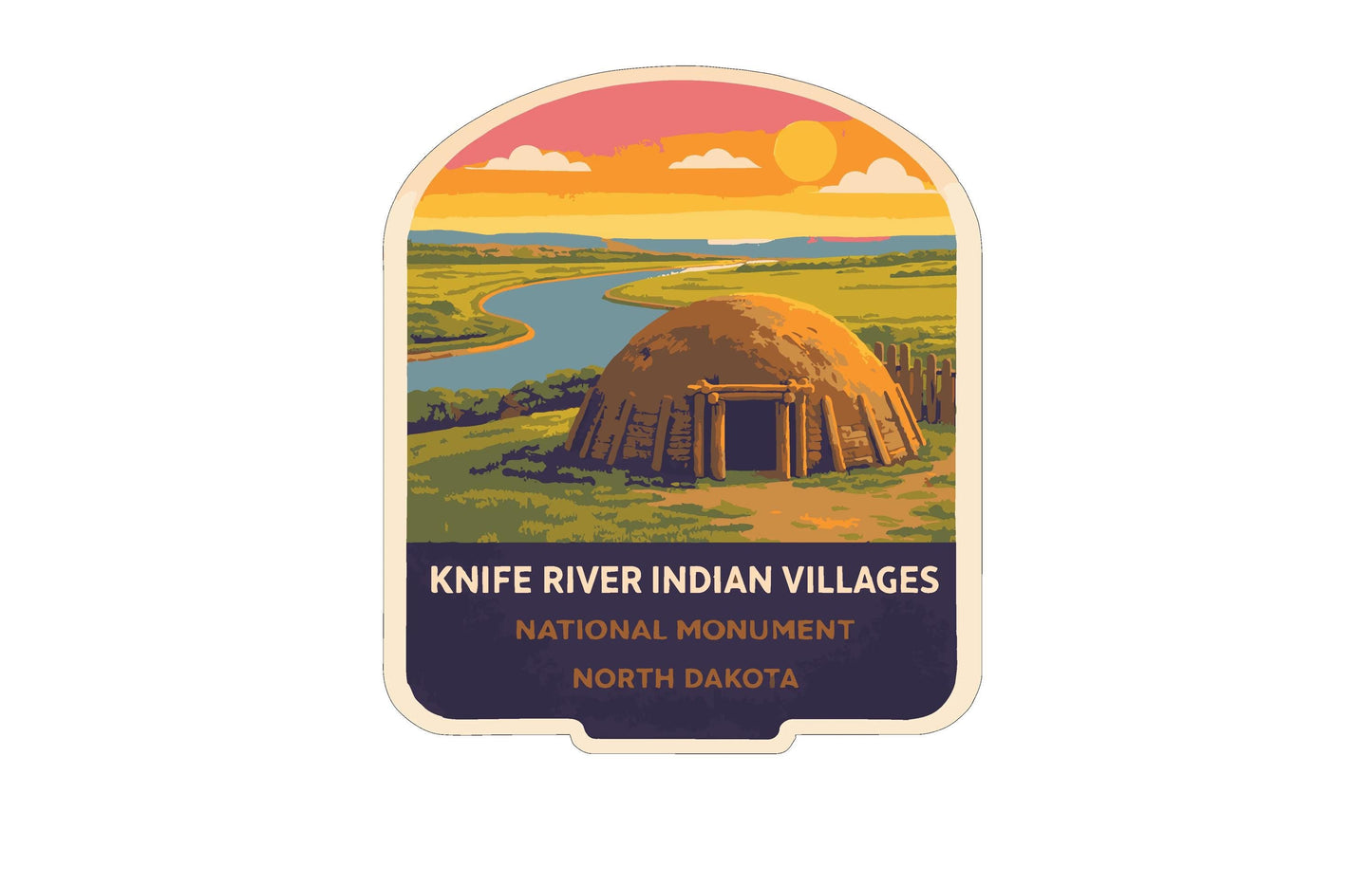 The image is a sticker or label depicting a scene of the Knife River Indian Villages in North Dakota, featuring a traditional teepee structure surrounded by a river and a sunset landscape.