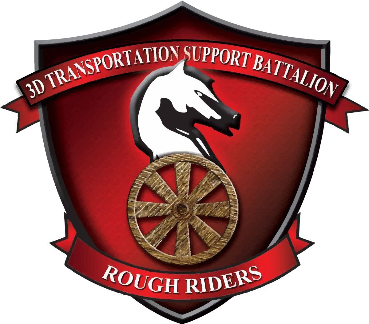 a red shield with a horse on it