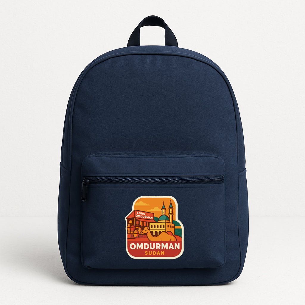 A navy blue backpack with a graphic on the front that says "OMDURMAN SUDAN".