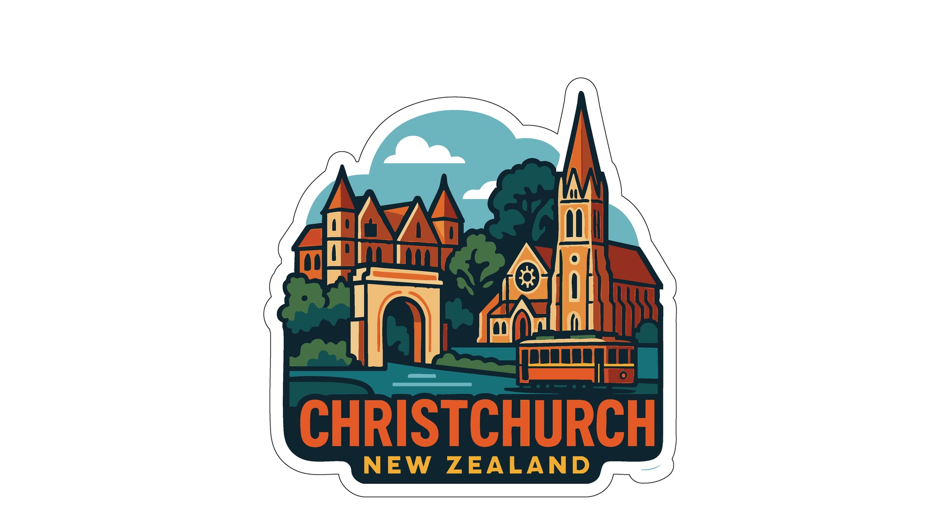 A sticker depicting the Christ Church in New Zealand, featuring a church with a tall steeple, a castle, and a trolley car.