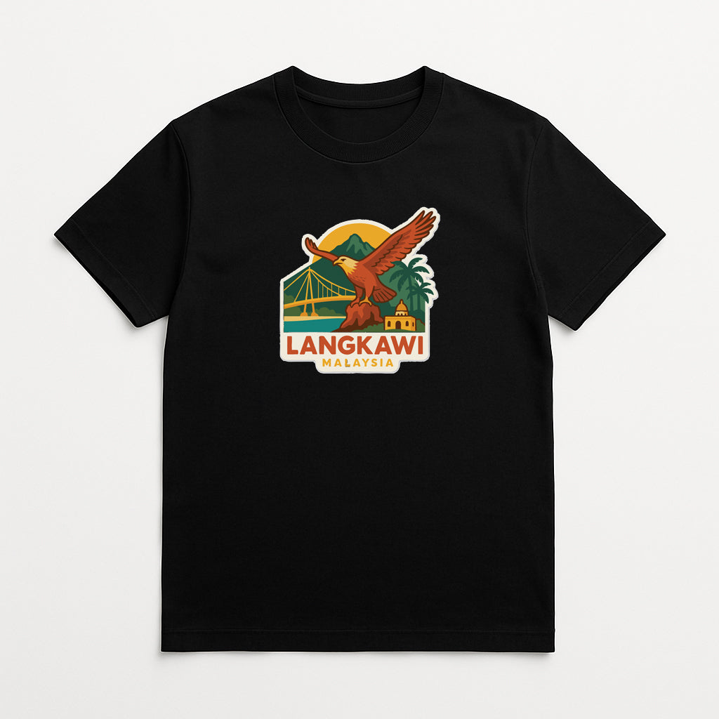 A black t-shirt with a graphic design depicting a bird, a bridge, and palm trees, along with the text "LANGKAWI MALAYSIA".