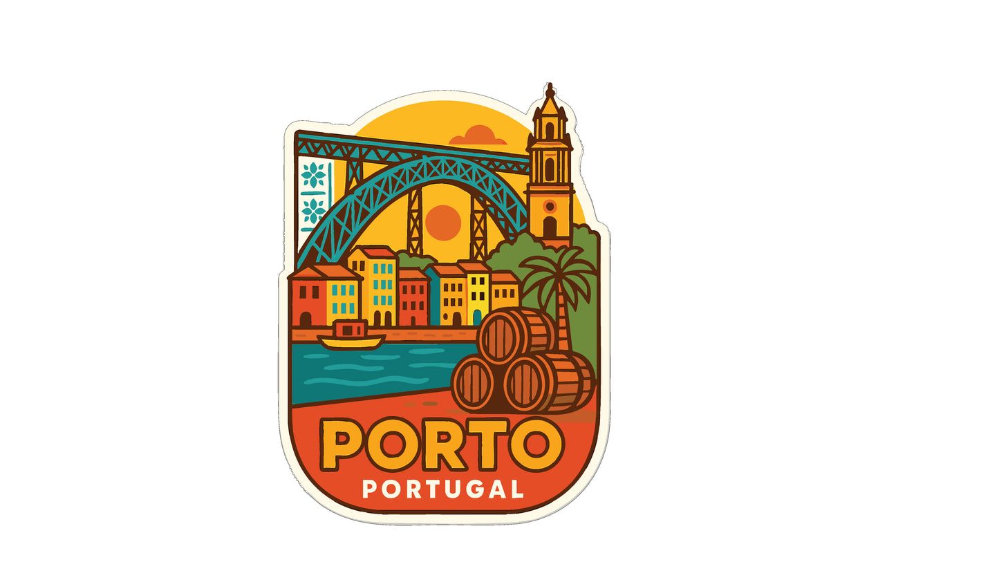 The image is a sticker depicting the city of Porto, Portugal. It features a bridge, a tower, barrels, palm trees, and a sunset.