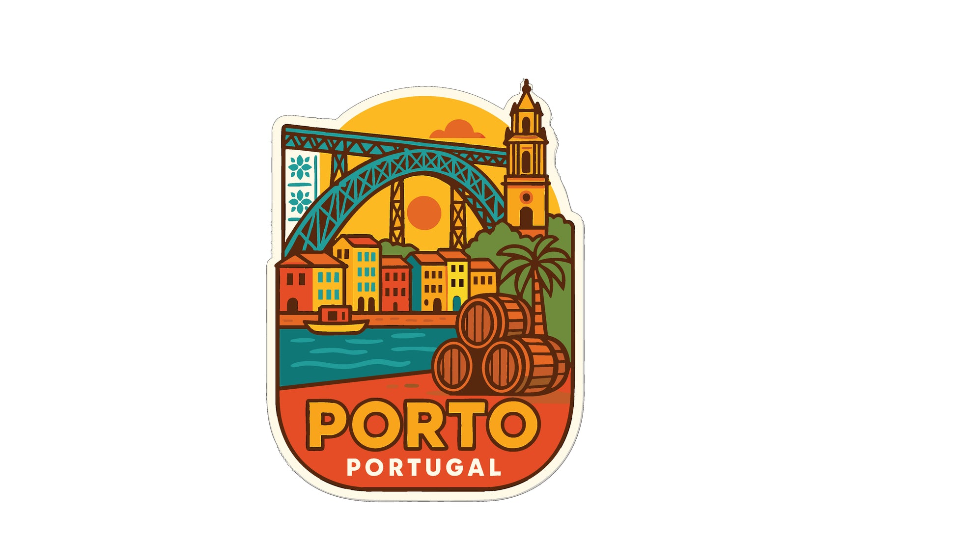 The image is a sticker depicting the city of Porto, Portugal. It features a bridge, a tower, barrels, palm trees, and a sunset.