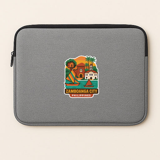 a gray laptop sleeve with a colorful sticker depicting a tropical city scene, including a palm tree, a building, and a boat.