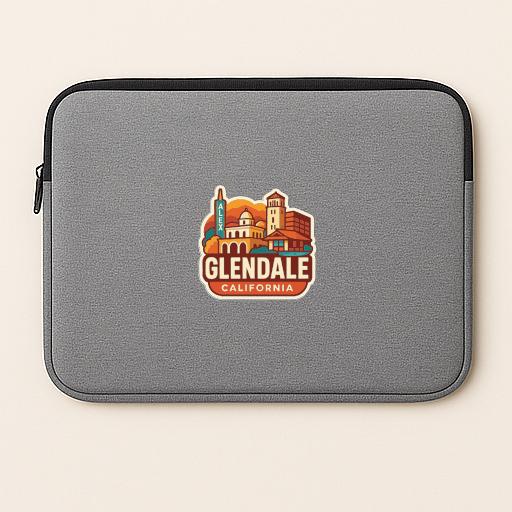 A gray laptop sleeve with a logo of Glendale, California, printed on it.