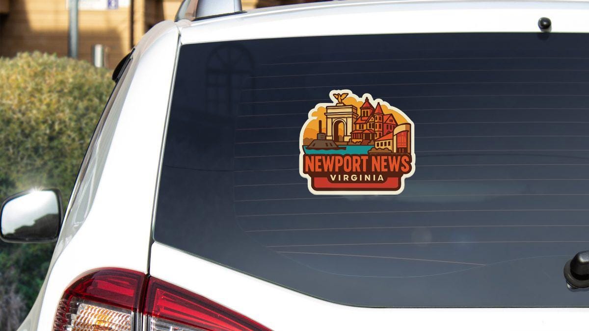A sticker on the rear window of a white car, displaying the text "Newport News Virginia" along with an illustration of a cityscape.