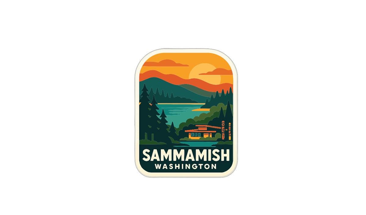 A sticker or logo depicting a scenic landscape with mountains, trees, and a lake, with the text "SAMMAMISH WASHINGTON" prominently displayed.