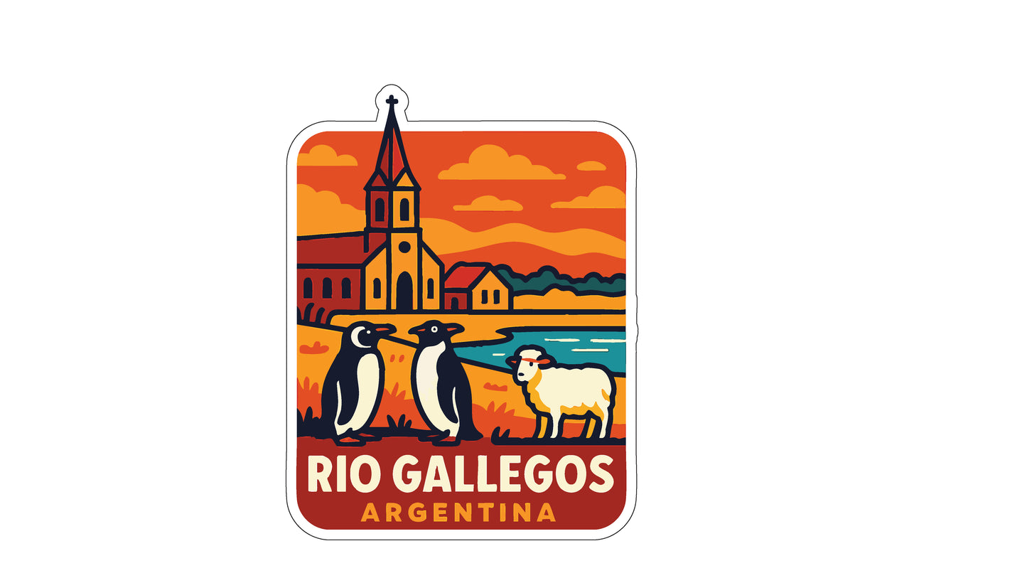 A sticker depicting a scenic view of Rio Gallegos, Argentina, with a church, penguins, and a sheep in the foreground.