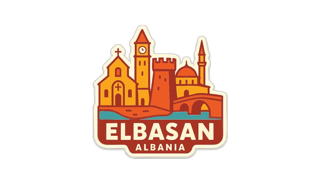 a sticker or emblem depicting the city of Elbasan, the capital of the country of Algeria.