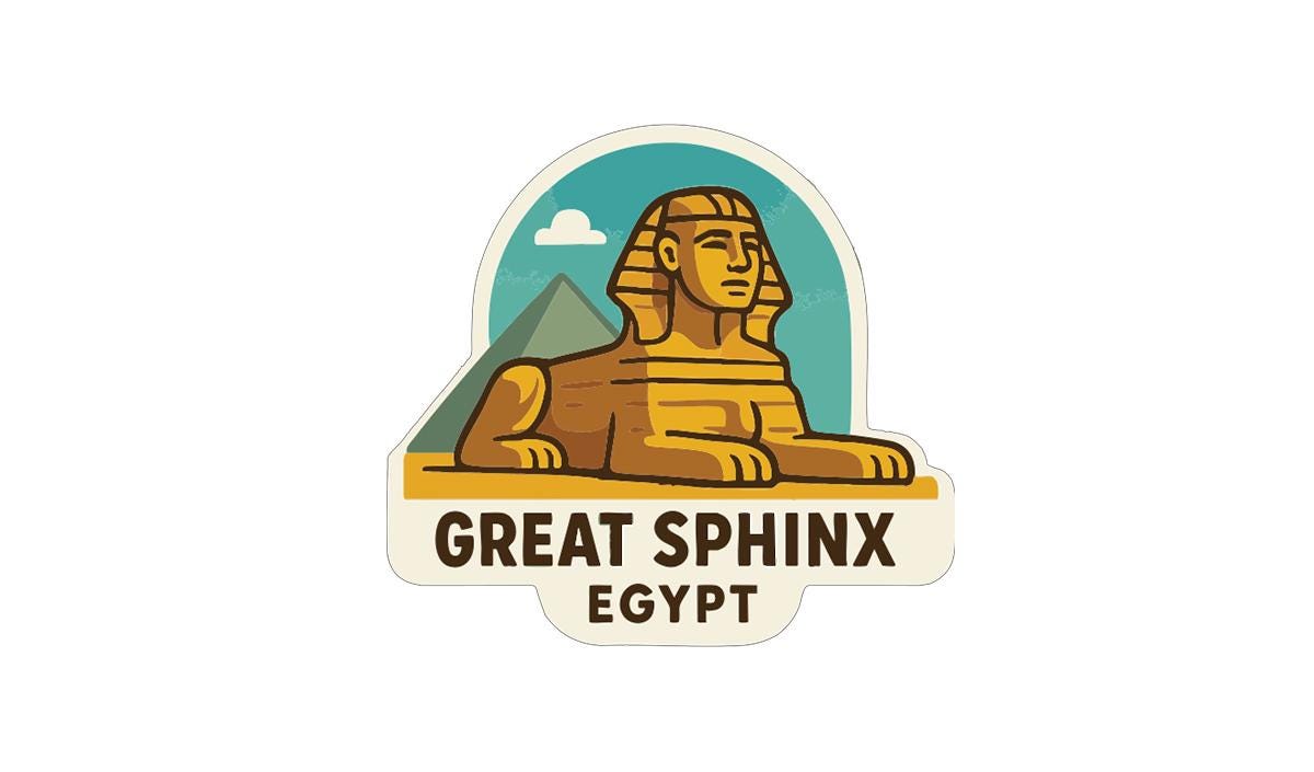 A stylized illustration of the Great Sphinx of Giza, a famous landmark in Egypt, with the text "GREAT SPHINX EGYPT" below it.