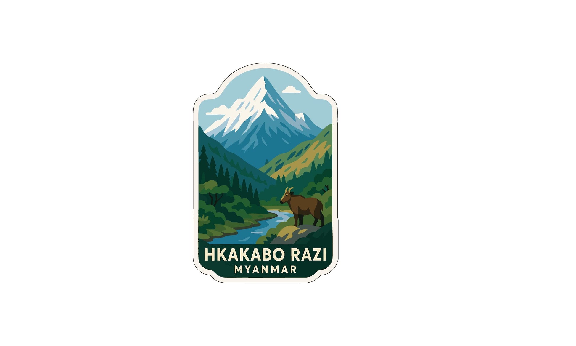 A sticker or label featuring a mountain landscape with a river, a brown goat, and the text "HKAKABO RAZI MYANMAR".