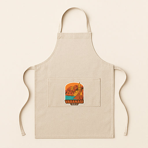 A beige apricot with a graphic of a cityscape on it.