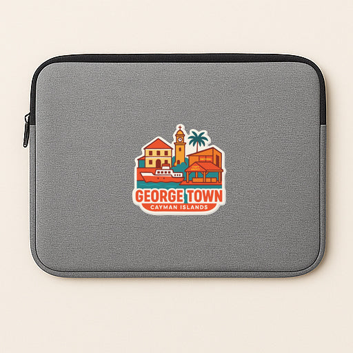 A gray laptop sleeve with a colorful logo depicting a town and buildings.