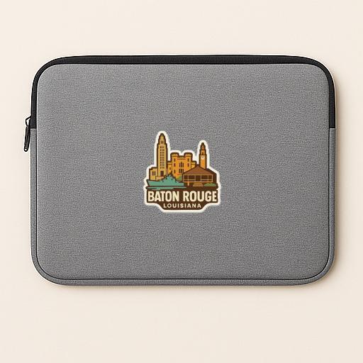 a gray laptop sleeve with a logo of the city of Baton Rouge, Louisiana.