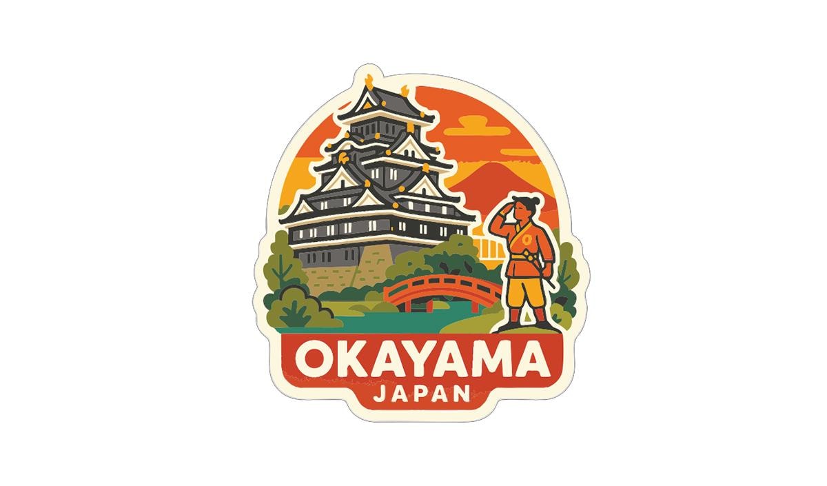 A sticker depicting a person standing in front of a castle, with a bridge and mountains in the background, and the text "OKAYAMA JAPAN" prominently displayed.