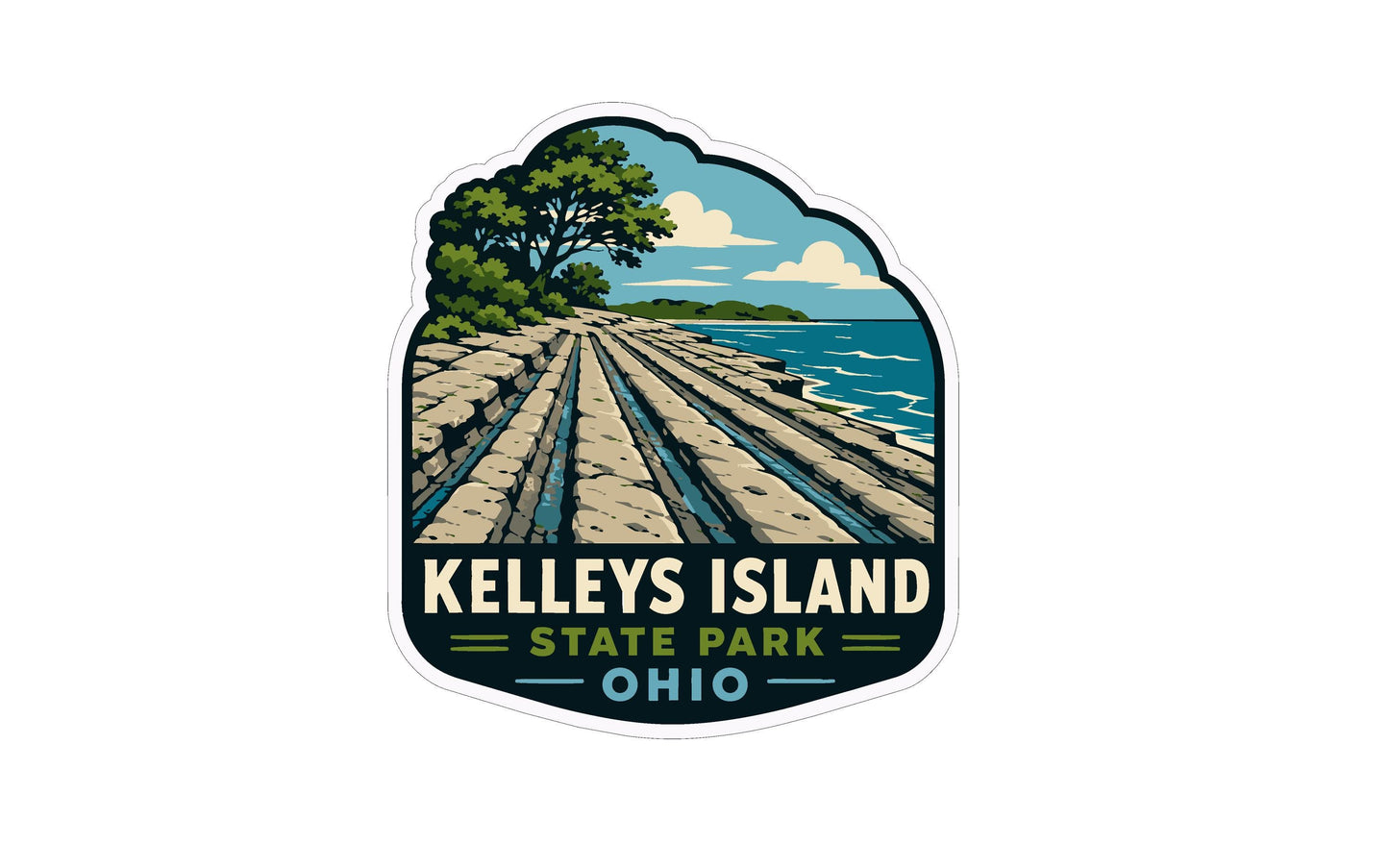 A sticker or emblem featuring a scenic landscape with a rocky shoreline, a body of water, and a tree. The text "KELLY'S ISLAND STATE PARK OHIO" is prominently displayed, indicating the location of the park.