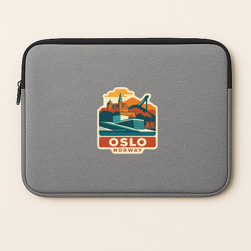 A gray laptop sleeve with a graphic design depicting the cityscape of Oslo, Norway.