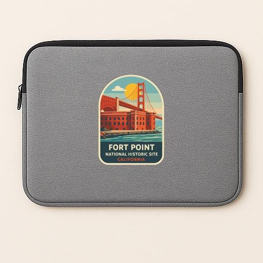 a gray laptop sleeve with a graphic design of the Golden Gate Bridge and the Fort Point National Historic Site in California.