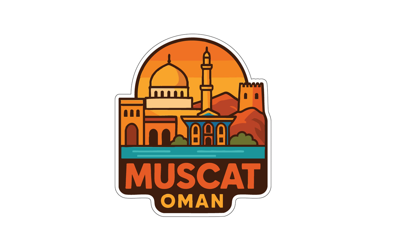 a stylized illustration of the city of Muscat, Oman, with various architectural elements such as domes, towers, and buildings.