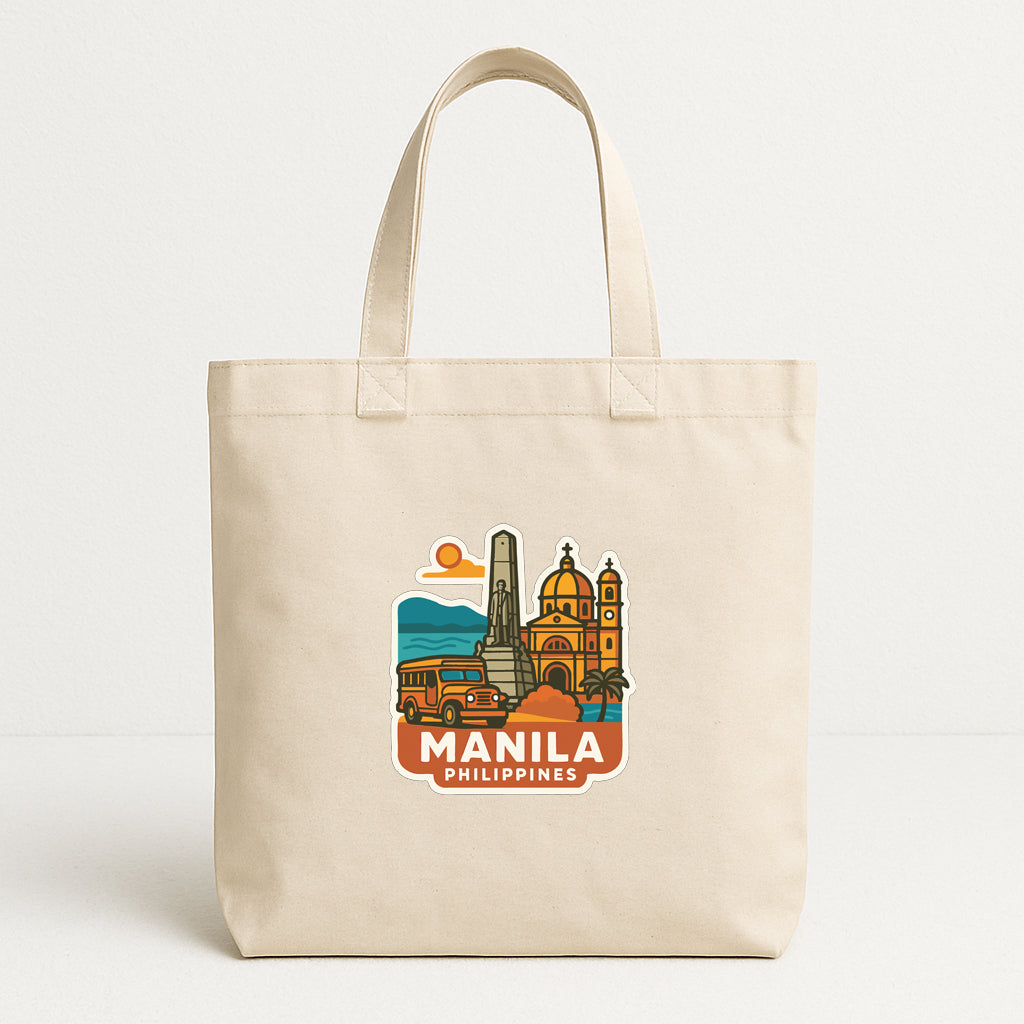A beige tote bag with a printed design depicting the skyline and landmarks of Manila, Philippines.
