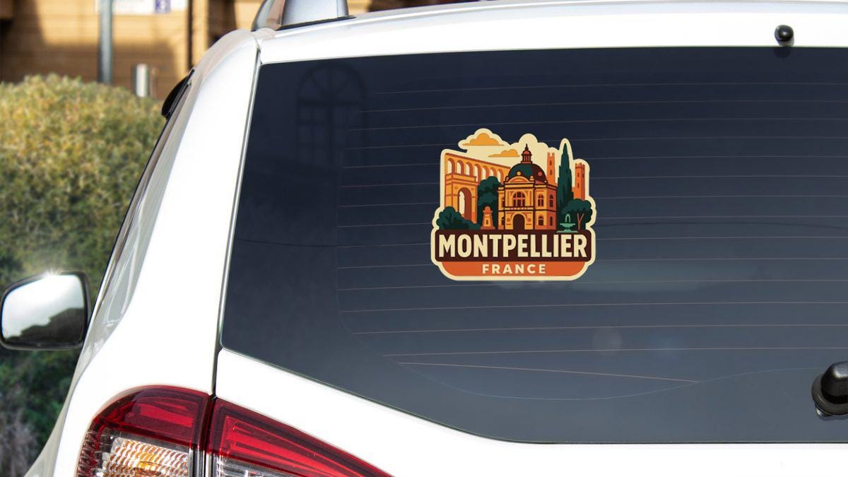 A sticker on the rear window of a car that says "Montpellier, France".