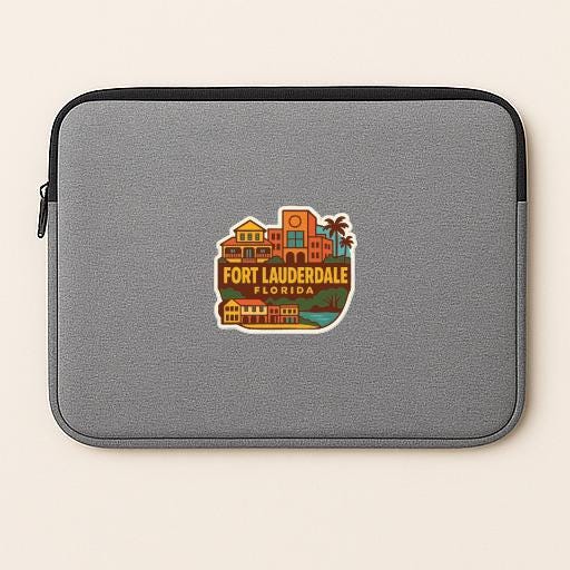 A gray laptop sleeve with a colorful sticker depicting the Fort Lauderdale, Florida area.