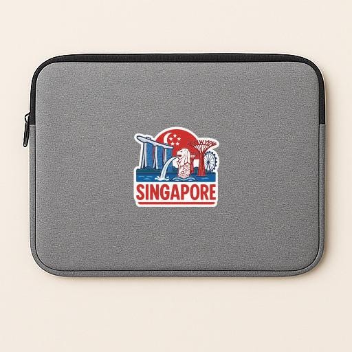 A gray laptop sleeve with a sticker of Singapore printed on it.