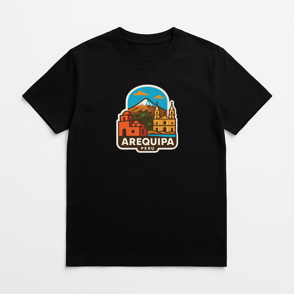 A black t-shirt with a graphic design depicting the city of Arequipa, Peru.