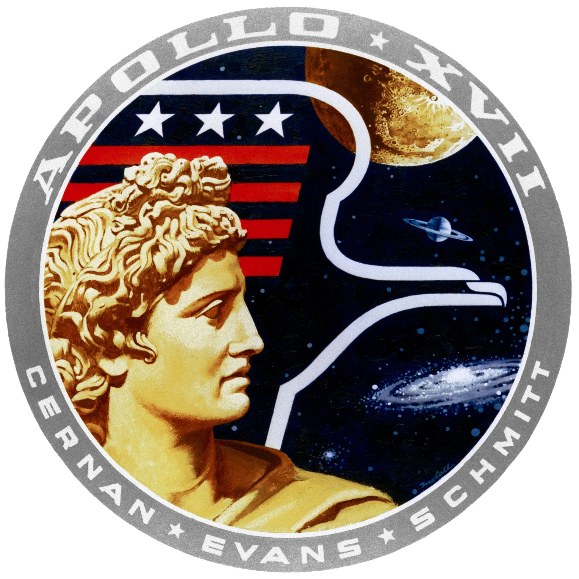 a picture of a statue of a man with a space shuttle in the background