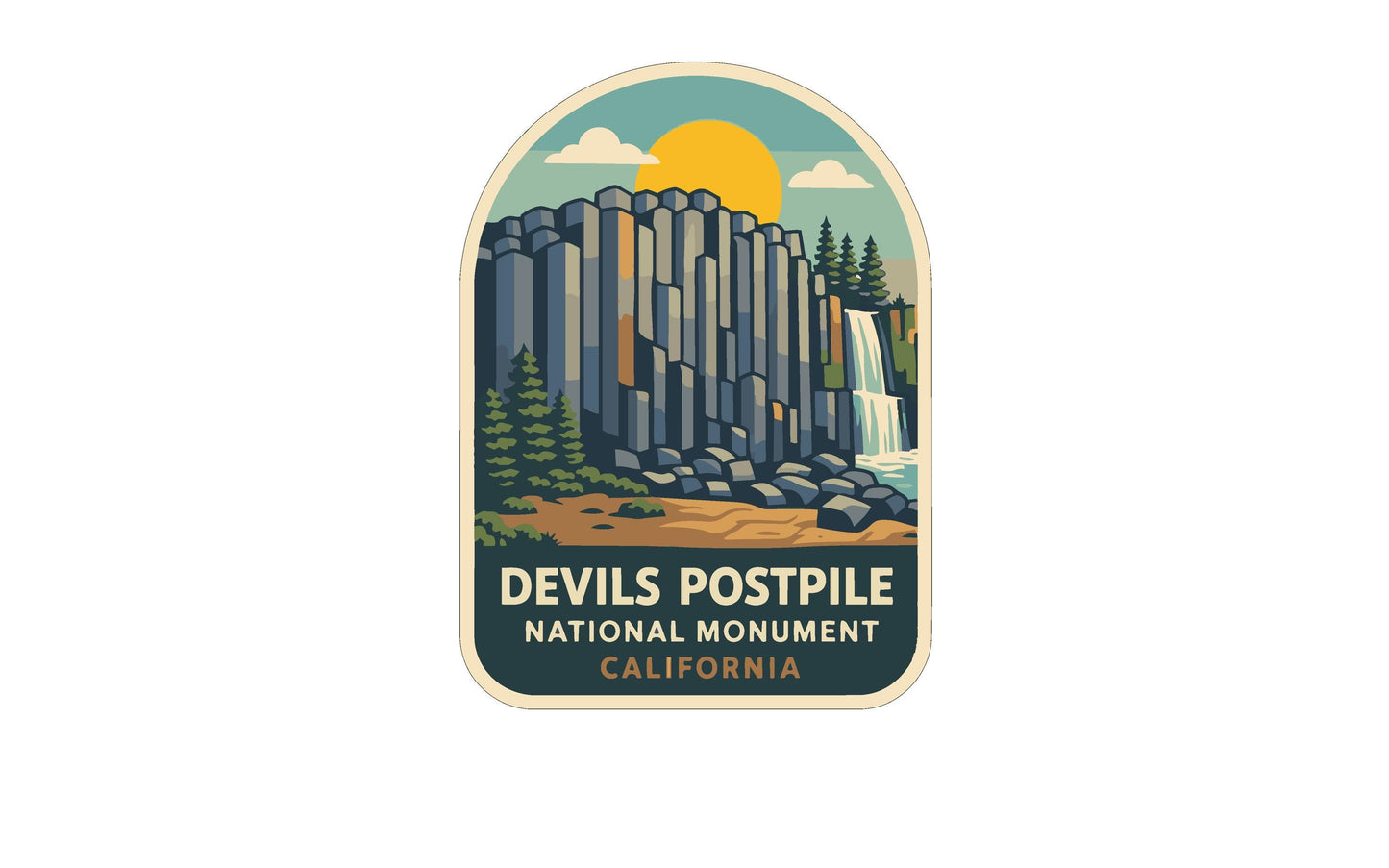 a stylized illustration of the Devils Postpile National Monument in California, with a waterfall and a sun in the background.