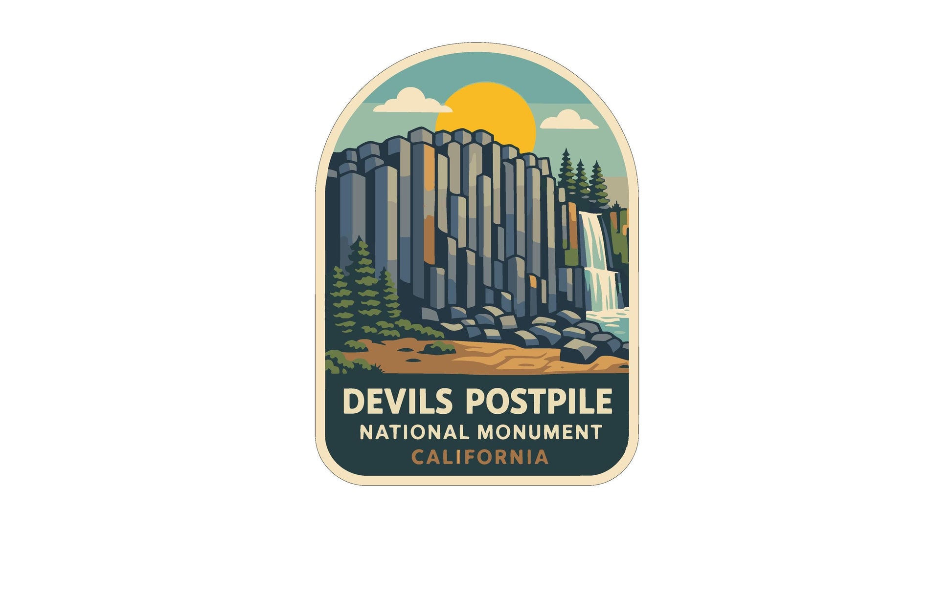 a stylized illustration of the Devils Postpile National Monument in California, with a waterfall and a sun in the background.