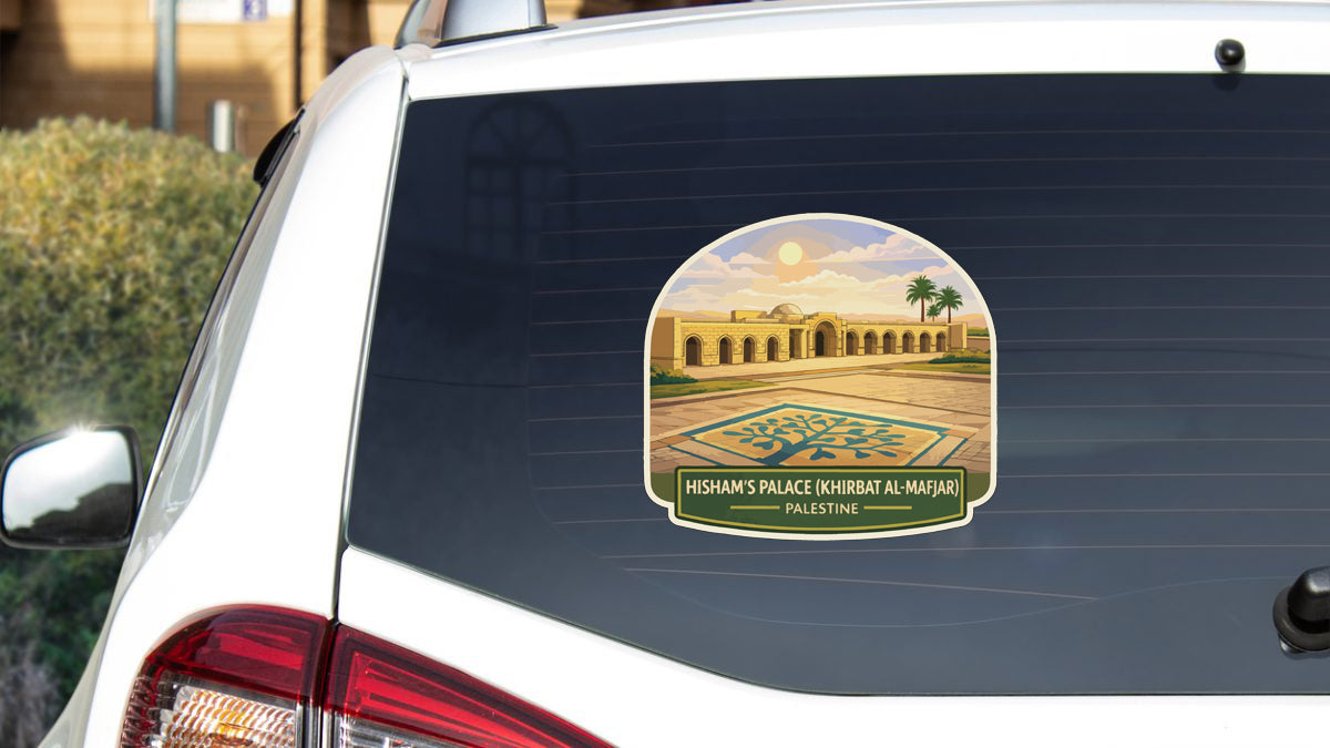 a sticker on the rear window of a car, depicting a palace with palm trees and a desert landscape.