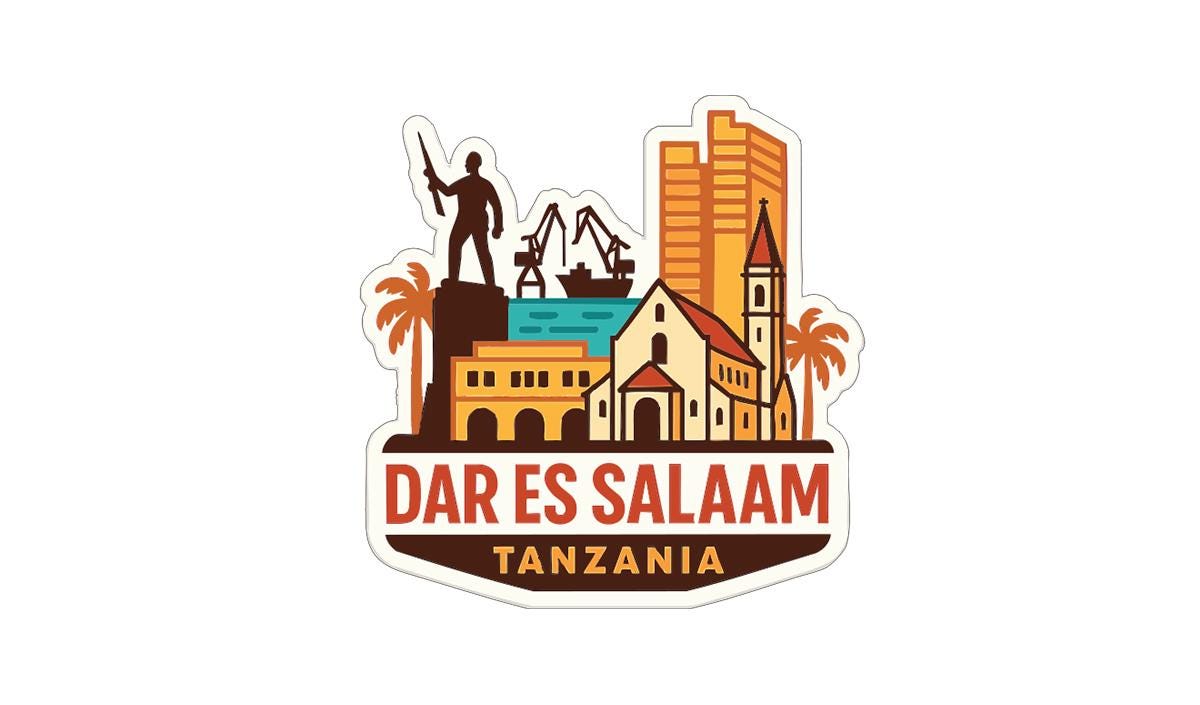 a stylized illustration of the city of Dar es Salaam, Tanzania, with various landmarks and buildings depicted.