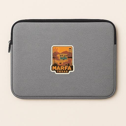 A gray laptop sleeve with a Marfa, Texas-themed patch on it.