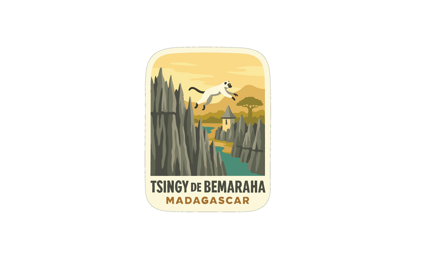 A sticker or label featuring a cartoon illustration of a cat jumping over a mountain landscape with a river below.