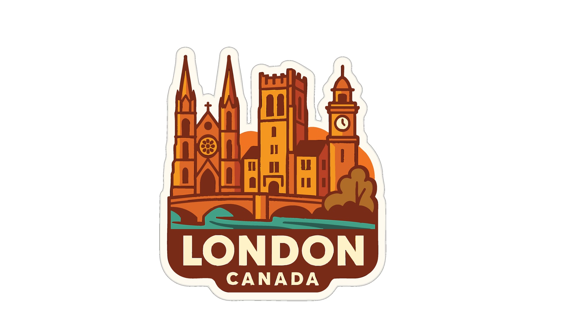 A sticker depicting the skyline of London, Canada, with iconic landmarks such as the Tower of London and St. Paul's Cathedral.