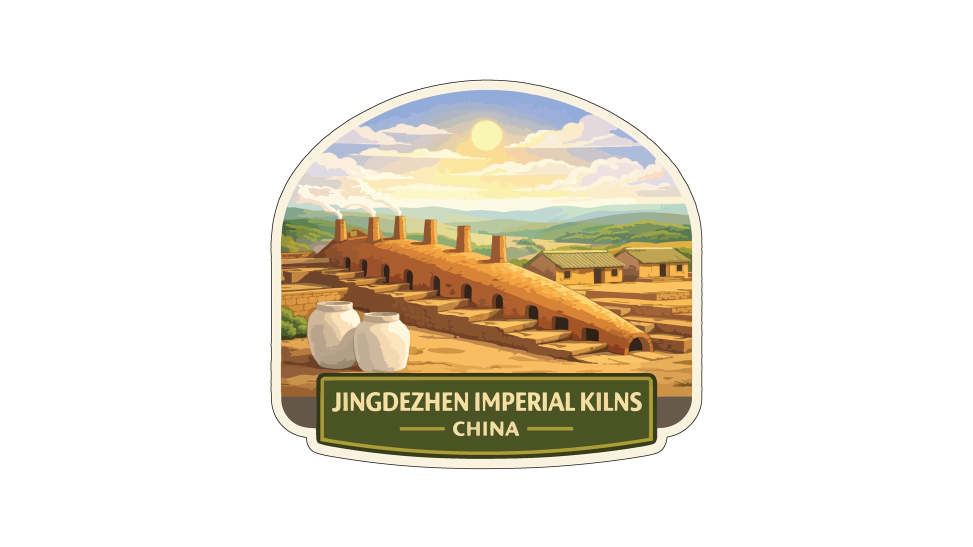 a scenic view of Jingsdzehen Imperial Kilns in China, featuring a large brick structure with multiple chimneys and a small village in the background.