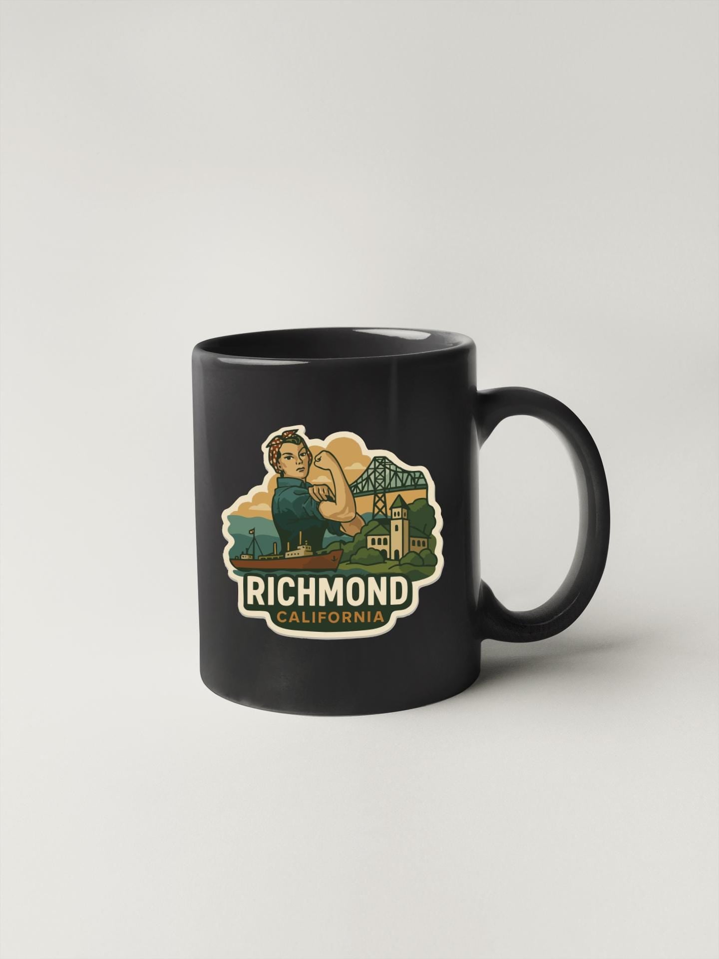A black coffee mug with a graphic design depicting a person in a green outfit and the text "Richmond, California" printed on it.