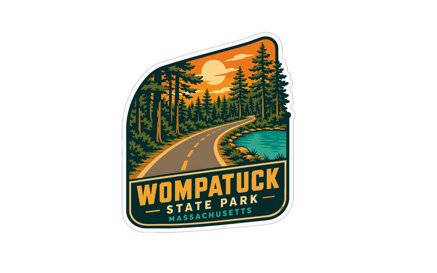 A sticker depicting a scenic road winding through a forest, with a sunset in the background.