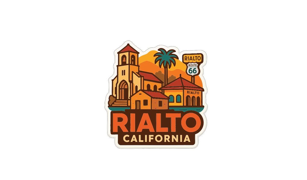 a sticker or logo depicting a town or village with buildings, palm trees, and a highway sign.