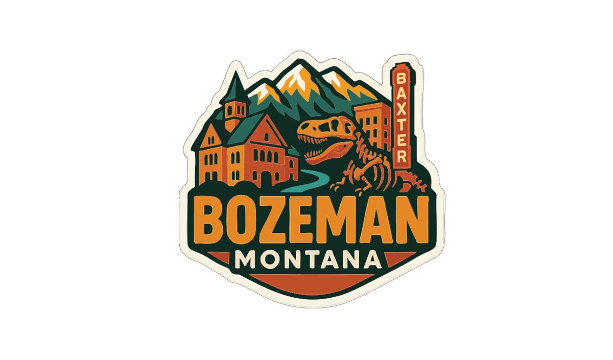 a sticker or logo with a stylized depiction of a town or city, including buildings, mountains, and a dinosaur skeleton. The text "BOZEMAN MONTANA" is prominently displayed, indicating the location or theme of the image.