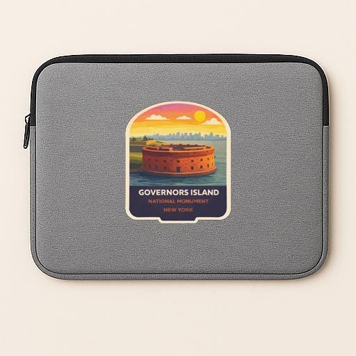 A gray laptop sleeve with a graphic design depicting the Governor's Island National Monument in New York.