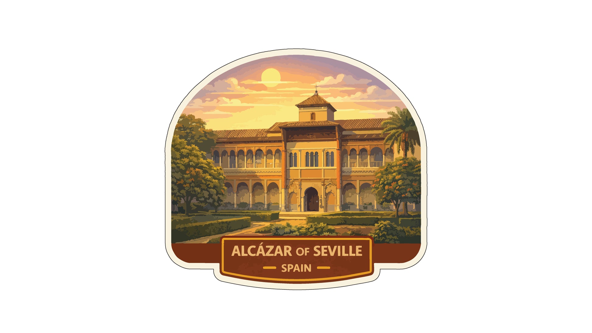 a large, ornate building with a tower and arches, surrounded by trees and a well-manicured garden. The sky is filled with clouds, and the sun is setting, creating a warm, golden glow over the scene. The text "ALCAZAR OF SEVILLE" and "SPAIN" is visible, indicating the location of the landmark.