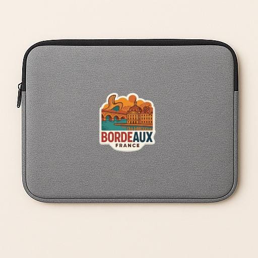 A gray laptop sleeve with a sticker depicting a cityscape and the text "Bordeaux France" printed on it.