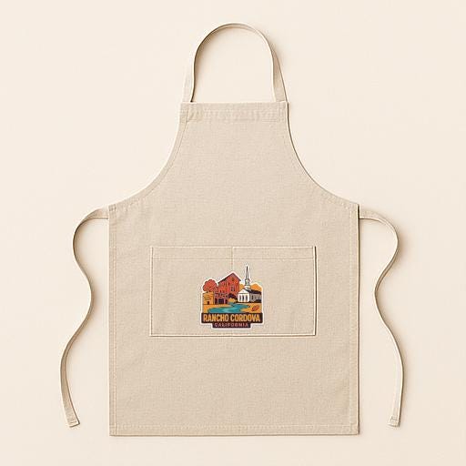 A beige apricot with a graphic design on the front pocket, featuring a building and trees.